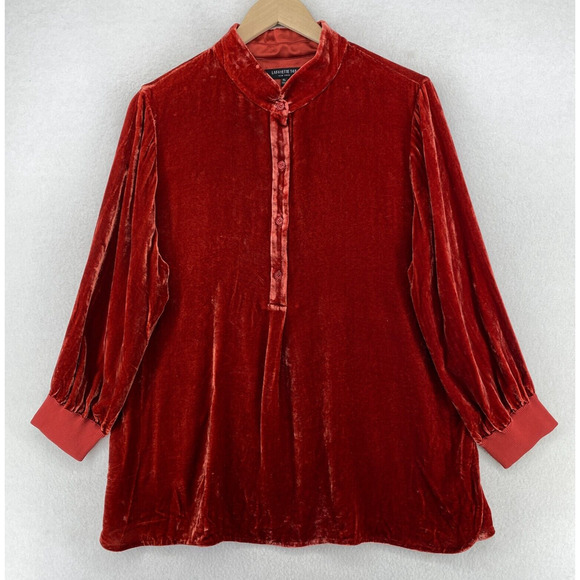 Lafayette 148 New York Tops - LAFAYETTE 148 NEW YORK Tunic XL Rayon Silk Velvet Shirt Mandarin Button Up Red